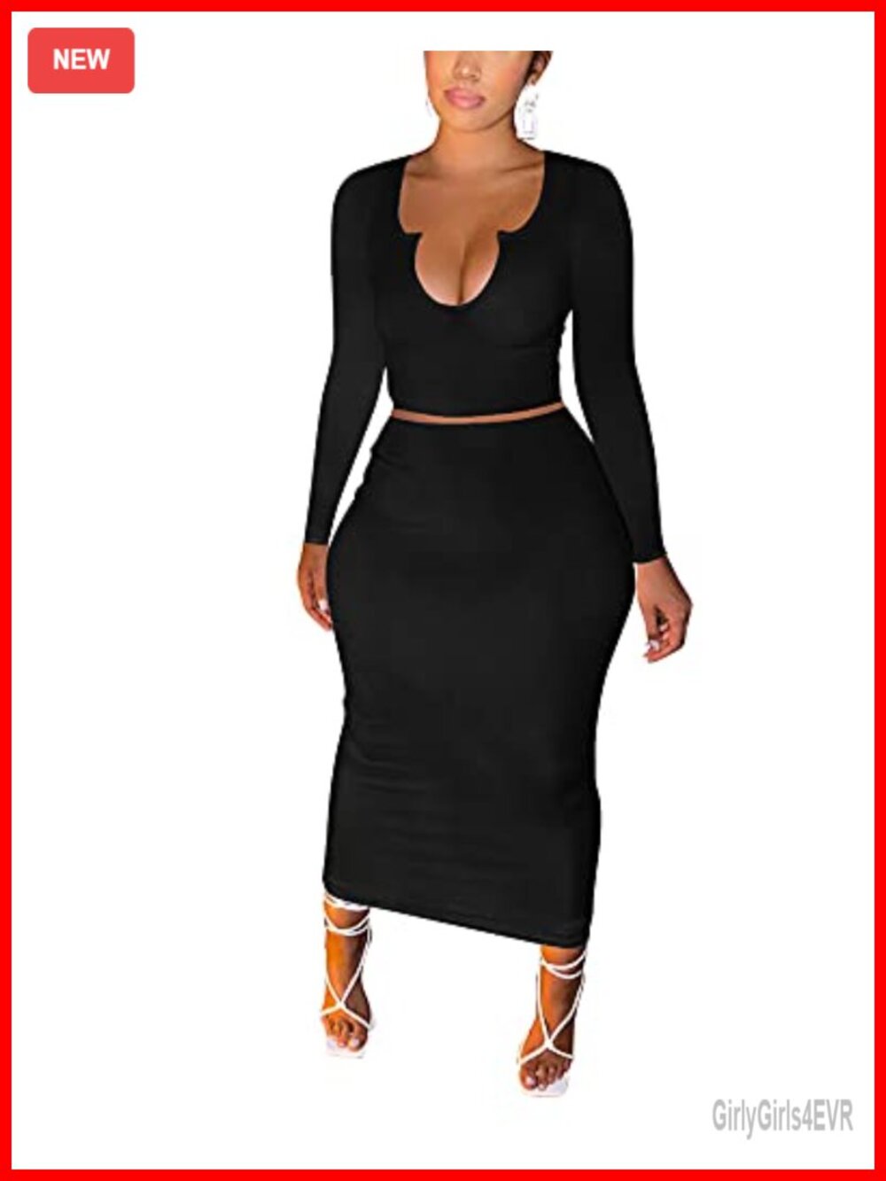 Two Piece Skirt Outfit V Neck Bodycon Long Sleeve Club Party Maxi Dress Set